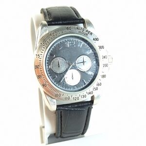 Steel & Black Leather Band Mens Quartz Analog Wrist Watch, New Battery